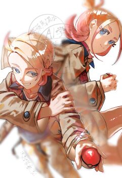 1boy 1girl adjusting_clothes ahoge blonde_hair blurry blush brown_jacket chayo_bababa commentary gradient_hair highres holding holding_poke_ball jacket multicolored_hair nintendo pink_hair poke_ball pokemon pokemon_legends:_z-a taunie_(pokemon) urbain_(pokemon) watermark white_background