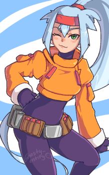 Rule 34 | 1girl, ashe (mega man), blue background, blue hair, cowboy shot, cropped jacket, ghosty entity, green eyes, high ponytail, jacket, long hair, mega man (series), mega man zx, mega man zx advent, one eye closed, orange jacket, ponytail, simple background, solo, white background