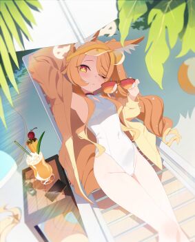 1girl absurdres animal_ear_fluff animal_ears arm_above_head arm_behind_head arm_up bare_legs beach_chair beach_umbrella blonde_hair blue_archive blush breasts cellphone closed_mouth covered_navel cross_halo cup diamond_cutout dot_nose drink drinking_glass drinking_straw expressionless extra_ears feet_out_of_frame fox_ears fox_girl fox_tail from_above hair_over_one_eye halo hand_up highleg highleg_one-piece_swimsuit highres holding holding_removed_eyewear jacket loli long_hair long_sleeves looking_at_viewer lying off_shoulder official_alternate_costume official_alternate_hairstyle on_back one-piece_swimsuit one_eye_closed phone seia_(blue_archive) seia_(swimsuit)_(blue_archive) shade side_ponytail small_breasts solo sunlight swimsuit tail tail_ornament td_(tandeom97) thighs umbrella unworn_eyewear very_long_hair very_long_tail visor_cap white_one-piece_swimsuit yellow_halo yellow_jacket yellow_visor