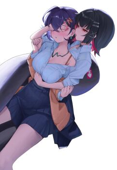 2girls belle_(zenless_zone_zero) black_hair blue_hair blue_skirt blush bra choker colored_inner_hair covering_another&#039;s_eyes earrings ellen_joe ellen_joe_(on_campus) fins fish_tail hair_ornament highres hino_kagutsuki hug hug_from_behind jewelry letter_hair_ornament looking_at_another mole mole_under_eye multicolored_hair multiple_girls necklace official_alternate_costume one-armed_hug open_mouth orange_bra orange_sweater partially_unbuttoned razor_blade_hair_ornament red_eyes red_nails shark_girl shark_tail shirt short_hair simple_background skirt sleeves_rolled_up sticker sweat sweater tail underwear white_background white_shirt yuri zenless_zone_zero
