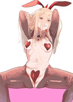 1girl absurdres animal_ears arms_behind_head arms_up blonde_hair blush breasts chainsaw_man cross-shaped_pupils demon_horns eyes_visible_through_hair frontless_outfit grin hair_between_eyes heart_maebari heart_pasties heco_inu highres hiphighs horns latex latex_legwear long_hair_between_eyes looking_at_viewer maebari medium_breasts necktie pasties power_(chainsaw_man) rabbit_ears red_hiphighs red_horns revealing_clothes reverse_bunnysuit reverse_outfit ringed_eyes sharp_teeth simple_background smile solo spread_legs symbol-shaped_pupils teeth