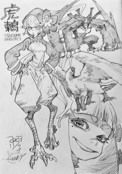 Rule 34 | 1girl, bird legs, crosshatching, english text, full body, hatching (texture), highres, japanese text, monochrome, sketch, smile, traditional media, urana kei