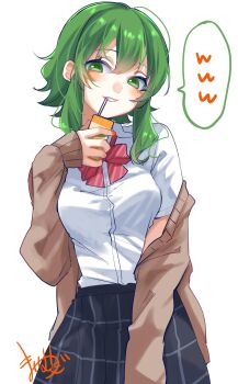 1girl black_skirt blush bow bowtie breasts brown_cardigan cardigan commentary_request drinking_straw green_eyes green_hair gumi hair_between_eyes highres holding holding_drinking_straw juice_box long_sleeves looking_at_viewer mai_mugi medium_breasts off_shoulder open_cardigan open_clothes plaid_clothes plaid_skirt red_bow red_bowtie school_uniform shirt short_hair_with_long_locks signature simple_background skirt solo spoken_www vocaloid white_background