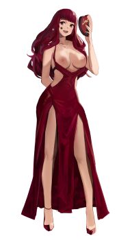 1girl alternate_costume arm_behind_back bare_shoulders box breasts breasts_out chocolate clothing_cutout collarbone commentary dress english_commentary facial_mark female_focus fire_emblem fire_emblem_engage hair_ornament heart-shaped_box high_heels highres holding holding_box j@ck jewelry large_breasts long_hair looking_at_viewer matching_hair/eyes medium_breasts necklace nintendo nipples open_mouth red_dress red_eyes red_footwear red_hair simple_background sleeveless sleeveless_dress smile solo star_(symbol) star_facial_mark star_hair_ornament valentine white_background yunaka_(fire_emblem)