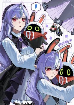 ! 1girl 1other absurdres animal_ears ascot bandana bandana_around_neck bangboo_(zenless_zone_zero) black_nails black_pantyhose blush bow bowtie breast_curtains center_frills character_name charm_(object) checkered_background closed_mouth drill_hair eous_(zenless_zone_zero) fake_animal_ears frills gem hair_between_eyes hairband hashtag-only_commentary heart highres hug hugging_object long_hair mole mole_under_eye nongxy_nonshi open_mouth orange_bandana pantyhose pointy_ears purple_ascot purple_bow purple_bowtie purple_gemstone purple_hair purple_hairband purple_umbrella red_eyes robin_(zenless_zone_zero) shrug_(clothing) sideboob_cutout spoken_exclamation_mark umbrella vivian_banshee white_shrug zenless_zone_zero