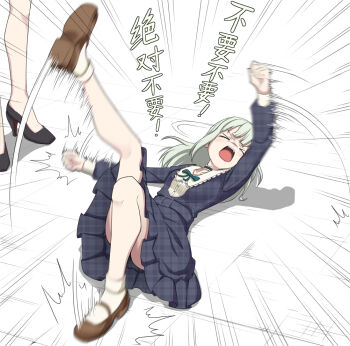 &gt;_&lt; 2girls anglediana bang_dream! bang_dream!_it&#039;s_mygo!!!!! black_choker blue_dress chinese_commentary chinese_text choker closed_eyes commentary_request dress frilled_choker frills green_hair high_heels long_hair long_sleeves lying mortis_(bang_dream!) mortis_(persona)_(bang_dream!) multiple_girls on_back open_mouth plaid_clothes plaid_dress revision solo_focus tantrum translation_request unmoving_pattern wakaba_mutsumi yuutenji_nyamu
