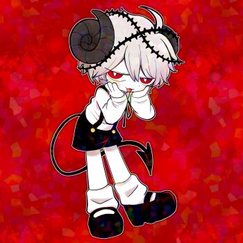 1boy :3 ahoge black_shoes black_shorts bright_pupils demon_boy demon_horns demon_tail full_body funamusea funamusea_(style) hands_on_own_cheeks hands_on_own_face hashtag-only_commentary highres hitoki_(funamusea) horns light_blush looking_at_viewer loose_socks male_focus official_style open_mouth outline pwncessmiffy red_background red_eyes shirt shoes short_hair shorts smug socks solo suspender_shorts suspenders tail white_outline white_pupils white_shirt white_socks