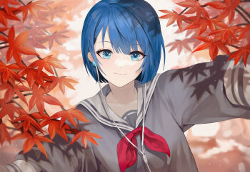 1girl absurdres autumn autumn_leaves blue_eyes blue_hair closed_mouth collarbone earbuds earphones grey_shirt highres k_hottok kiritani_haruka leaf long_sleeves looking_at_viewer maple_leaf neckerchief project_sekai red_neckerchief sailor_collar school_uniform serafuku shirt short_hair smile solo upper_body white_sailor_collar