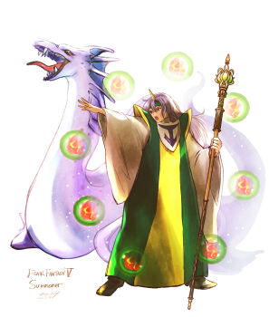 1girl absurdres casting_spell faris_scherwiz final_fantasy final_fantasy_v headband highres holding holding_wand komugiko_no_mori long_hair purple_hair robe square_enix summoner_(final_fantasy) summoning syldra wand wide_sleeves