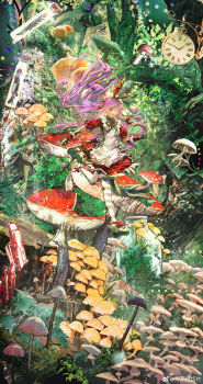 1girl :o absurdres alice&#039;s_adventures_in_wonderland analog_clock ankle_bow ankle_ribbon apron bow bow_hairband bowtie braid brooch clock collared_dress crystal dress fang_zheng_gao_qiepian flower_brooch forest frilled_apron frills full_body giant_mushroom gloves green_bow green_bowtie green_gloves green_pantyhose green_shoes grey_eyes hair_ribbon hairband herbarium heroine_(lovebrush_chronicles) heterochromia highres jumping leg_ribbon long_hair lovebrush_chronicles moss mushroom nature outdoors pantyhose purple_eyes purple_hair red_dress red_hairband red_ribbon ribbon rock shoes side_braid solo striped_clothes striped_pantyhose swept_bangs tree very_long_hair white_apron white_pantyhose wrist_cuffs