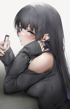 1girl absurdres black_dress black_gloves black_hair blunt_bangs bocchi_the_rock! breasts chin_piercing clothing_cutout colored_inner_hair commentary_request dress ear_piercing earrings elbow_rest face_piercing glint gloves green_eyes hibimaru highres holding holding_phone jewelry labret_piercing large_breasts light_blush long_sleeves looking_at_viewer looking_to_the_side multicolored_hair multiple_piercings pa-san parted_lips phone piercing purple_hair shoulder_cutout simple_background sleeves_past_wrists smile solo stud_earrings two-tone_hair