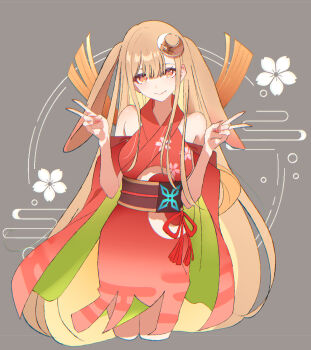 1girl animal_ears bare_shoulders blonde_hair breasts chou_kaguya-hime! closed_mouth crescent crescent_hair_ornament cropped_legs double_v egasumi floppy_ears floral_print grey_background hair_ornament hands_up hashtag-only_commentary highres huoxing_jiuzai japanese_clothes kaguya_(chou_kaguya-hime!) kimono long_hair looking_at_viewer lop_rabbit_ears medium_breasts nail_polish obi rabbit_ears red_kimono red_nails red_ribbon ribbon sash smile solo tassel v