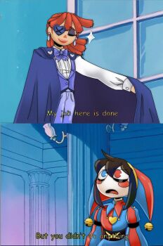 2girls alternate_costume black_hair blue_cape blue_eyes blue_hat blue_vest blush_stickers cape closed_eyes colored_skin commentary earrings english_commentary english_text eyeshadow hat hat_bell heart heterochromia highres jaytoonist jester_cap jewelry makeup medium_hair meme multiple_girls my_job_here_is_done_(meme) open_mouth pillar pomni_(the_amazing_digital_circus) ragatha_(the_amazing_digital_circus) red_eyes red_hair red_hat the_amazing_digital_circus triangle_nose two-tone_hat vest white_skin window