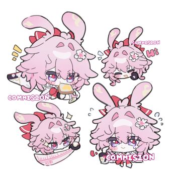 1girl :> animal_ears black_gloves blush bow bowtie bread bread_slice cherry_blossoms chibi commentary english_text evanescia_(honkai:_star_rail) fingerless_gloves flower flying_sweatdrops food food_in_mouth gloves hair_flower hair_ornament highres holding holding_sword holding_weapon honkai:_star_rail honkai_(series) multiple_views nekooooowo pink_flower pink_hair rabbit_ears red_bow red_bowtie scratching_cheek shirt simple_background sword tearing_up toast untranslatable_commentary watermark weapon white_background white_shirt