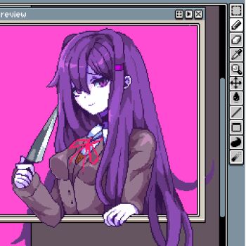 1girl breasts closed_mouth commentary doki_doki_literature_club doki_doki_literature_club_school_uniform double-parted_bangs grey_jacket hair_between_eyes hair_ornament hashtag-only_commentary highres holding holding_knife jacket knife long_hair long_sleeves looking_at_viewer medium_breasts neck_ribbon pink_background pixel_art pixelcadete purple_eyes purple_hair red_ribbon ribbon school_uniform smile solo window_(computing) yuri_(doki_doki_literature_club)