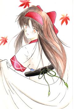 1girl ainu_clothes ass autumn_leaves brown_eyes brown_hair cloak hair_ribbon highres leaf long_hair looking_at_viewer nakoruru parted_lips ribbon samurai_spirits smile snk solo teeth the_king_of_fighters traditional_media weapon