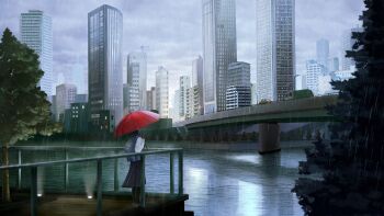 1girl akariga backpack bag black_pantyhose black_skirt bridge building car cityscape commentary commentary_request day english_commentary from_behind highres holding holding_umbrella long_sleeves medium_skirt mixed-language_commentary motor_vehicle original outdoors overcast pantyhose pleated_skirt rain red_umbrella reflection reflective_liquid river scenery school_uniform shirt skirt sky skyscraper solo standing tree umbrella white_shirt wide_shot