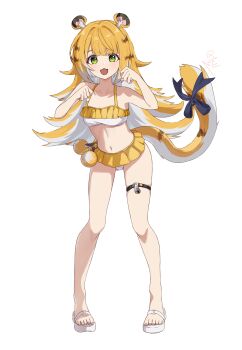 1girl absurdres animal_ear_fluff animal_ears bikini blonde_hair bow breasts fang frilled_bikini frills full_body green_eyes highres jacket ju_fufu loli long_hair looking_at_viewer multicolored_hair navel ningmeng_zizi open_mouth sandals shorts simple_background small_breasts smile solo standing swimsuit tail tail_bow tail_ornament thigh_strap tiger_ears tiger_girl tiger_tail very_long_hair white_background zenless_zone_zero