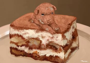 animal animal_focus baby_animal brown_background commentary dessert dog doggo_revolution english_commentary food highres in_food no_humans original photo-referenced plate puppy tiramisu