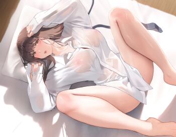 Rule 34 | 1girl, bare legs, barefoot, bed sheet, blush, breasts, brown eyes, brown hair, collarbone, collared shirt, dress shirt, feet, highres, inushima, large breasts, long hair, long sleeves, lying, necktie, nipples, on back, on bed, open mouth, original, pillow, see-through clothes, see-through shirt, shirt, sidelocks, solo, spread legs, thighs, toes, unworn necktie, white shirt