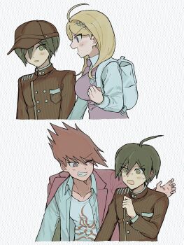 Rule 34 | 1girl, 2boys, affectionate, ahoge, akakiro555, akamatsu kaede, arm around shoulder, black hair, black jacket, blonde hair, blush, breasts, brown eyes, buttons, clenched hand, collared jacket, collared shirt, commentary request, crest, cropped torso, danganronpa (series), danganronpa v3: killing harmony, excited, facial hair, fortissimo, goatee, grin, hair between eyes, hair ornament, hand up, hat, highres, jacket, large breasts, long hair, long sleeves, momota kaito, multiple boys, musical note, musical note hair ornament, necktie, one eye closed, open clothes, open mouth, patting back, pink sweater vest, pink vest, pinstripe jacket, pinstripe pattern, polka dot, polka dot background, print shirt, profile, purple eyes, purple hair, saihara shuichi, shirt, short hair, smile, spiked hair, striped clothes, striped jacket, surprised, sweater vest, teeth, vest, white bag, white shirt