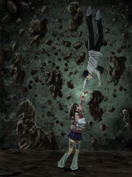 1boy 1girl absurdres arm_up ayase_momo bandaged_arm bandaged_leg bandages battle_damage black_choker black_hair black_pants blood blood_on_arm blood_on_clothes blood_on_leg blue_skirt bow bowtie brown_hair bruise bruise_on_face chaosoded choker collared_shirt commentary dandadan english_commentary floating_hair from_side full_body glasses highres holding_another&#039;s_arm injury long_sleeves looking_at_another loose_socks maneki-neko miniskirt open_mouth pants pink_sweater pleated_skirt profile reaching reaching_towards_another red_bow red_bowtie rock round_eyewear shirt short_hair skirt socks standing sweater sweater_under_shirt takakura_ken_(dandadan) turbo_granny_(dandadan) white_shirt white_socks