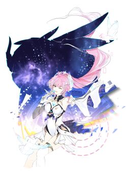 Rule 34 | 1girl, ;d, absurdres, aemeath (wuthering waves), ahoge, animal, arm up, armpits, bird, black bow, black bowtie, blue outline, blue tattoo, bow, bowtie, bracelet, breasts, chest tattoo, chinese commentary, chromatic aberration, cleavage, commentary, commentary request, cropped legs, detached collar, double exposure, dove, elbow gloves, english commentary, exostrider (wuthering waves), gears, glitch, gloves, gold thighlet, hair ornament, halo, halo behind head, hand up, heart, heart tattoo, high ponytail, highres, holding, holding microphone, jewelry, leotard, lililili koi, long hair, looking at viewer, mecha pilot suit, medium breasts, microphone, mixed-language commentary, multiple bracelets, one eye closed, open mouth, orange eyes, outline, pink hair, ponytail, showgirl skirt, silhouette, single thighhigh, sky, smile, solo, sparkle, star (sky), starry sky, strapless, strapless leotard, tacet mark (wuthering waves), tattoo, thigh gap, thighhighs, thighlet, variant set, very long hair, whipping hair, white background, white bird, white gloves, white halo, white leotard, wuthering waves