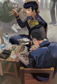 2girls 3boys :t bento black_hair blue_eyes blue_jacket blue_pants book bottle chair chopsticks closed_mouth commentary diamond_wa_kudakenai earrings eating food gakuran green_serafuku green_shirt green_skirt higashikata_josuke highres holding holding_book holding_chopsticks holding_food jacket jewelry jojo_no_kimyou_na_bouken long_sleeves male_focus multiple_boys multiple_girls nijimura_okuyasu pants pompadour reading sandwich school_uniform serafuku shirt sitting skirt socks soda srm2_poipoi standing symbol-only_commentary table water_bottle watermark white_footwear white_socks
