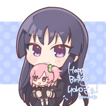 1girl assault_lily black_hair blue_background blush character_doll character_name chibi closed_mouth commentary_request doll hands_up happy highres hitotsuyanagi_riri juliet_sleeves long_hair long_sleeves looking_at_viewer polka_dot polka_dot_background ponokaijo puffy_sleeves purple_eyes school_uniform shirai_yuyu solo standing translated twitter_username two-tone_background upper_body very_long_hair white_background yurigaoka_girls_academy_school_uniform