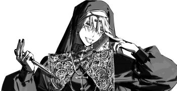 Rule 34 | 1boy, absurdres, alternate costume, commentary, cross, cross earrings, cross necklace, cross scar, crossdressing, crossdressing (mtf), earrings, english commentary, greyscale, highres, holding, holding knife, jewelry, kanzaki kaoru, kaohom503 2, knife, male focus, monochrome, nail polish, necklace, nun, phantom busters, piercing, scar, scar across eye, scar on face, short hair, simple background, solo, tongue, tongue out, tongue piercing, white background