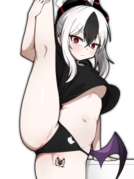1girl black_hair black_panties black_shirt blue_archive breasts cleavage demon_girl demon_horns demon_wings highres horns kayoko_(blue_archive) large_breasts manli multicolored_hair navel panties ponytail red_eyes shirt simple_background split standing standing_on_one_leg standing_split thighs two-tone_hair underwear white_background white_hair wings