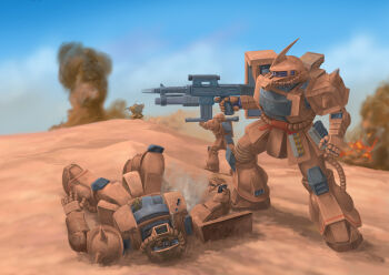 aiming army assault_rifle battle bazooka_(gundam) blue_sky burning cable cloud commentary_request damaged desert dust_cloud fire gun gundam gundam_msv highres machine_gun mecha mecha_focus mobile_suit mobile_suit_gundam no_humans one-eyed rifle robot roundel sand sand_dune shield shoulder_spikes sky smoke spikes volkov-1953 weapon zaku_ii zaku_ii_s zeon