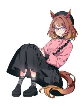 1girl animal_ears beret breasts brown_eyes brown_hair casual closed_mouth commentary_request full_body glasses hair_between_eyes hair_ornament hairclip hat highres horse_ears horse_girl horse_tail looking_at_viewer medium_breasts medium_hair migolu north_flight_(umamusume) shoes smile solo tail umamusume white_background