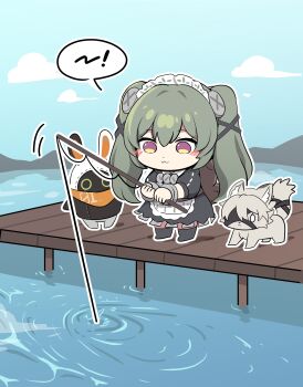 1girl absurdres animalization apron bandana bangboo_(zenless_zone_zero) black_dress blue_sky chibi cloud corin_wickes day dock dog dress eous_(zenless_zone_zero) fishing fishing_rod green_hair hair_between_eyes highres holding holding_fishing_rod long_hair maid maid_apron maid_headdress ooyun orange_bandana outdoors puffy_sleeves purple_eyes screw_hair_ornament sky speech_bubble twintails von_lycaon waist_apron water zenless_zone_zero