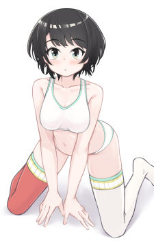 1girl absurdres between_legs bikini black_hair breasts collarbone hand_between_legs highres hololive k-go kneeling looking_at_viewer mismatched_thighhighs navel oozora_subaru red_thighhighs short_hair simple_background solo swimsuit thighhighs white_background white_bikini white_thighhighs