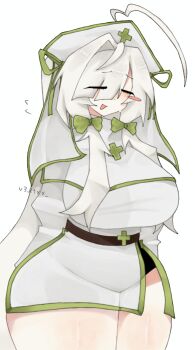 1girl absurdres ahoge animification artist_name ass belt black_panties blush_stickers bow breasts caretaker_(die_of_death) closed_eyes cowboy_shot die_of_death dot_nose eyes_visible_through_hair genderswap genderswap_(mtf) green_bow green_ribbon hat highres huge_ass huge_breasts long_hair long_sleeves nervous non-web_source nurse nurse_cap open_mouth panties ribbon roblox single_blush_sticker sweat underwear v3eixx white_background white_hair