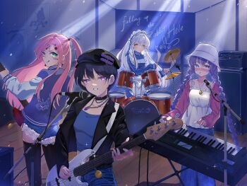 Rule 34 | 4girls, aqua eyes, band (music), black choker, black hat, black jacket, black thighhighs, blue eyes, blue jacket, blue shirt, blush, breasts, choker, clip studio paint (medium), closed mouth, commentary, dear arisu, drum, drum set, drumsticks, ear piercing, english commentary, guitar, hair ornament, hat, highres, holding, holding drumsticks, holding guitar, holding instrument, instrument, jacket, jersey maid, jewelry, keyboard (instrument), long hair, long sleeves, looking at viewer, maid, maid headdress, microphone, microphone stand, multiple girls, multiple piercings, music, necklace, open clothes, open jacket, original, parted bangs, piercing, pink hair, pink jacket, playing drum, playing guitar, playing instrument, purple eyes, purple hair, shirt, short hair, small breasts, smile, standing, thighhighs, unconventional maid, white hair, white hat, white shirt, yellow eyes