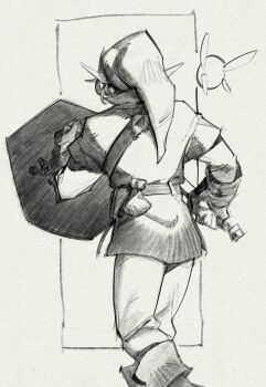 Rule 34 | 1boy, belt, boots, fairy, felipe magana, from behind, gauntlets, greyscale, hat, holding, holding shield, holding sword, holding weapon, hylian shield, link, master sword, monochrome, navi, nintendo, pointy ears, pouch, shield, solo, sword, the legend of zelda, the legend of zelda: ocarina of time, traditional media, tunic, walking, weapon