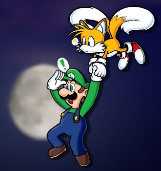 Rule 34 | blonde hair, blue eyes, brown hair, carrying, crossover, facial hair, flying, gloves, hat, helicopter tail, luigi, mario (series), moon, multiple tails, mustache, nintendo, overalls, searching, sega, shirt, shoes, smile, socks, sonic (series), tail, tails (sonic), teamwork, two tails, x somari t a, yellow fur