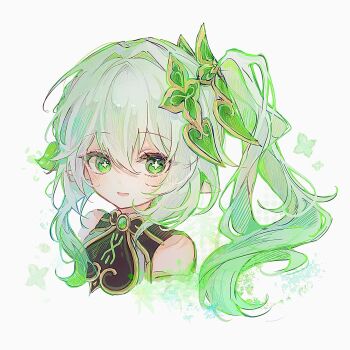 1girl bare_shoulders blush commentary cropped_arms cropped_shoulders cross-shaped_pupils genshin_impact gold_trim green_eyes green_hair hair_between_eyes hair_ornament hashtag-only_commentary highres leaf_hair_ornament long_hair looking_at_viewer multicolored_hair nahida_(genshin_impact) parted_lips pointy_ears ri_pi_o side_ponytail sleeveless solo symbol-shaped_pupils twitter_username white_hair