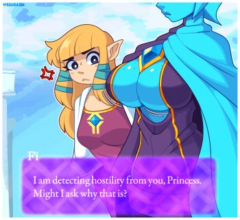 2girls anger_vein blonde_hair blue_background blue_hair blue_skin blunt_bangs blush breast_envy breasts cape character_name cleavage cloud colored_skin dialogue_box english_text fi_(zelda) freckles freckles_on_breasts frown gem girl_staring_at_guy&#039;s_chest_(meme) head_out_of_frame highres jiggle large_breasts lips looking_at_another looking_at_breasts motion_lines multiple_girls nintendo open_mouth parted_lips pointy_ears princess_zelda sidelocks speech_bubble the_legend_of_zelda the_legend_of_zelda:_skyward_sword underboob upper_body welwraith