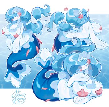 1girl bad_tag blue_eyes blue_hair breasts butt_crack closed_eyes colored_eyelashes constellor curvy full_body furry furry_female gen_7_pokemon hair_ornament highres large_breasts long_hair looking_at_viewer lying mermaid monster_girl multi-tied_hair multiple_views nintendo on_stomach pearl_hair_ornament pokemon pokemon_(creature) pokemon_focus primarina smile starfish starfish_bikini starfish_hair_ornament u_u