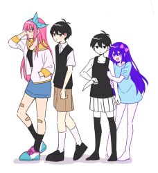 Rule 34 | 1boy, 1girl, aqua bow, aqua eyes, aubrey (faraway) (omori), aubrey (headspace) (omori), aubrey (omori), bandaid, bandaid on leg, barefoot, biyo, black eyes, black hair, black shirt, black socks, black vest, blue footwear, blue hairband, blue shirt, blue shorts, bow, brown shorts, closed mouth, collarbone, collared shirt, expressionless, hair bow, hairband, hand in own hair, hand in pocket, holding, holding another&#039;s arm, holding knife, jacket, jitome, knife, light blush, long hair, looking at another, off-shoulder shirt, off shoulder, omori, omori (omori), open mouth, orange sailor collar, orange trim, pink bow, pink hair, purple eyes, purple hair, sailor collar, shirt, shorts, simple background, small sweatdrop, smile, socks, striped clothes, striped shorts, sunny (omori), vertical-striped clothes, vertical-striped shorts, vest, white background, white jacket, white shirt, white shorts, white socks