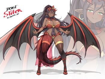1girl absurdres artist_name black_thighhighs blush boots breasts character_name cleavage closed_mouth collarbone covered_navel crown curvy dark-skinned_female dark_skin detached_collar dragon_girl dragon_tail dragon_wings duel_monster ear_piercing earrings female_focus full_body gluteal_fold green_eyes high_ponytail highres huge_breasts humanization jarckius jewelry knee_boots long_hair looking_at_viewer original osiris_the_sky_dragon pelvic_curtain personification piercing pointy_ears ponytail purple_hair red_boots red_crown red_nails smile solo standing tail thick_thighs thighhighs thighs very_long_hair wings yu-gi-oh!