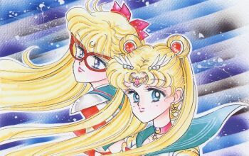 1990s_(style) 2girls absurdres aino_minako artbook bishoujo_senshi_sailor_moon blonde_hair blue_background blue_eyes bow choker closed_mouth codename_wa_sailor_v creator_connection crescent crescent_choker crescent_earrings crescent_facial_mark domino_mask double_bun earrings eye_mask facial_mark forehead_mark hair_bow hair_bun highres jewelry lips long_hair looking_at_viewer magical_girl mask multiple_girls official_art pale_skin parted_lips pink_lips portrait red_bow red_choker red_mask retro_artstyle sailor_moon sailor_v scan shoulder_pads star_(symbol) star_earrings takeuchi_naoko tsukino_usagi very_long_hair
