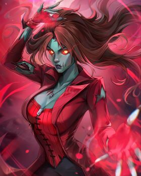 1girl aqua_skin black_pants bodice breasts brown_hair cleavage colored_sclera colored_skin commentary english_commentary exposed_bone exposed_muscle fingerless_gloves fingernails floating_hair freckles gloves hand_up highres jacket jewelry large_breasts long_fingernails long_hair looking_at_viewer magic marvel marvel_rivals marvel_zombies monster motion_blur necklace noush official_alternate_costume pants parted_lips purple_lips red_bodice red_gloves red_jacket red_sclera scarlet_witch sharp_fingernails solo torn_clothes torn_jacket undead upper_body wanda_maximoff yellow_eyes zombie