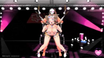 1boy 1girl ahegao concert cosplay double_v hatsune_miku hatsune_miku_(cosplay) hetero highres idol looking_at_viewer microphone mmd_craft_k one_eye_closed racing_miku sepang_miku stage stage_lights v vocaloid wink