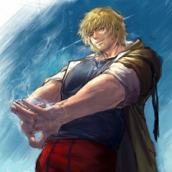 1boy beard_stubble black_shirt blonde_hair blue_eyes brown_coat coat commentary_request facial_hair highres hood hood_down hooded_coat ken_masters korean_commentary looking_at_viewer male_focus muscular muscular_male pants red_pants rhems3877 shirt short_hair sleeves_rolled_up smoke solo street_fighter street_fighter_6 stretching stubble sweat sweatpants t-shirt translation_request