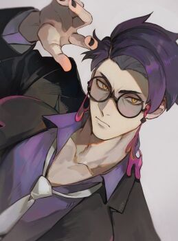 1boy 1o8k black-framed_eyewear black_hair black_jacket black_nails closed_mouth collarbone collared_shirt corbeau_(pokemon) eyewear_strap glasses highres jacket long_sleeves looking_at_viewer male_focus necktie nintendo open_clothes open_jacket parted_hair pokemon pokemon_legends:_z-a purple_hair purple_shirt round_eyewear shirt short_hair short_sideburns simple_background solo upper_body white_necktie yellow_eyes