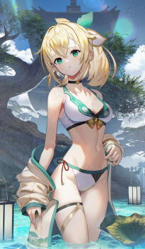 1girl bikini black_choker blonde_hair breasts choker cloud cowboy_shot day green_eyes hair_between_eyes hair_ribbon haori highres hololive japanese_clothes kazama_iroha lantern medium_breasts navel outdoors parted_lips ponytail ribbon scottie_(phantom2) solo standing stomach swimsuit thigh_strap tree virtual_youtuber wading water white_bikini